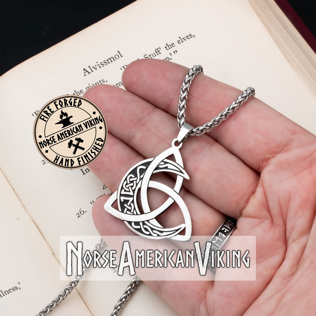 Viking Trinity Knot Crescent Moon Stainless Steel Pendant Necklace