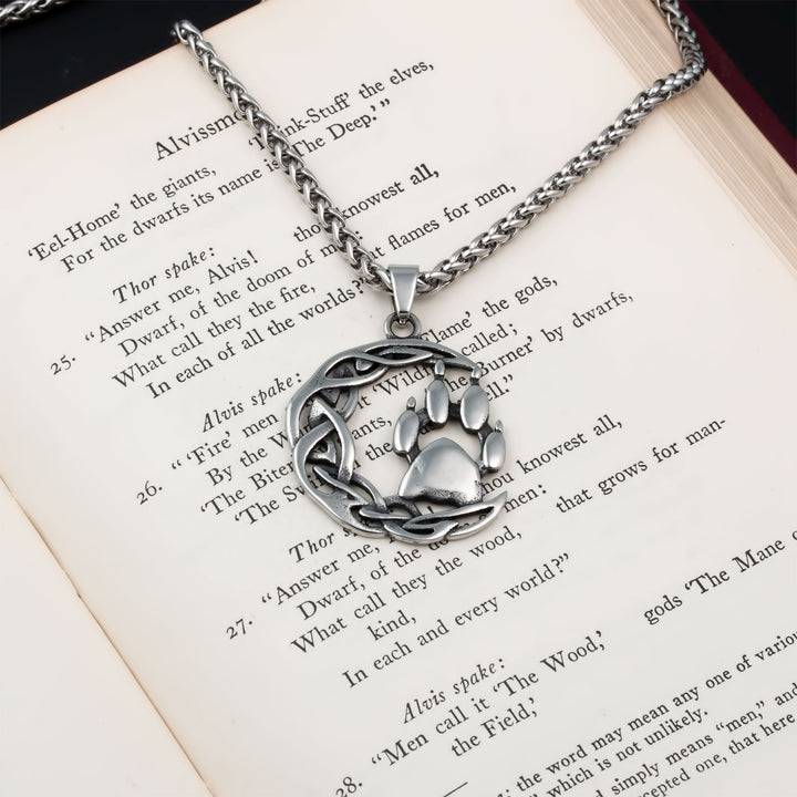 Crescent Moon Wolf Paw Print Pendant Necklace Stainless Steel Viking