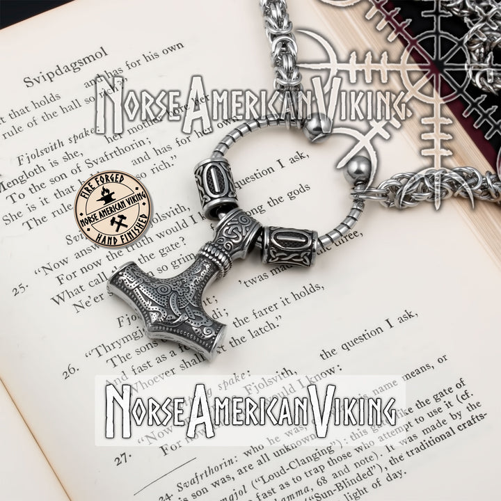 Viking Mjolnir Thor's Hammer King Rune Byzantine Necklace 316L Stainless Steel