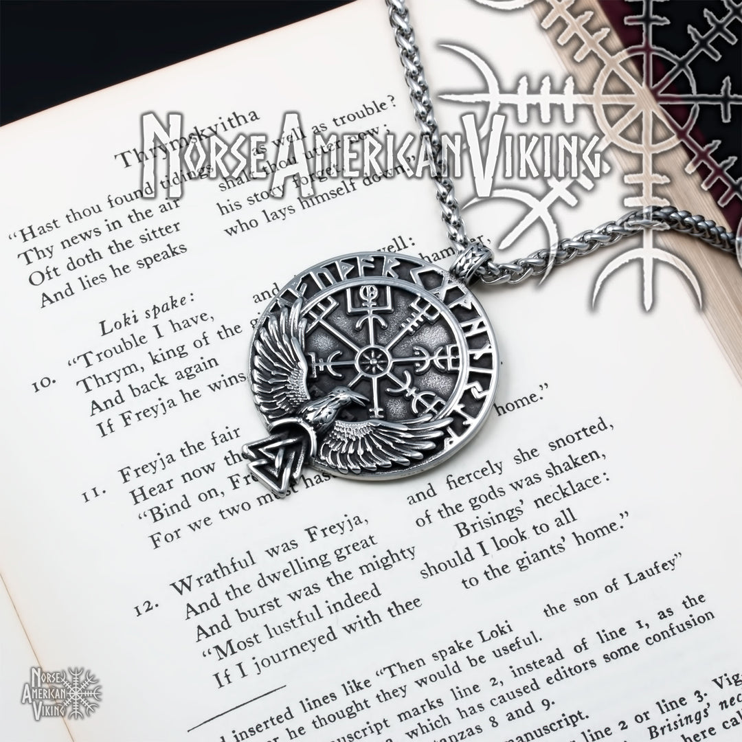 Viking Compass Vegvisir Rune Raven Valknut Stainless Steel Pendant Necklace