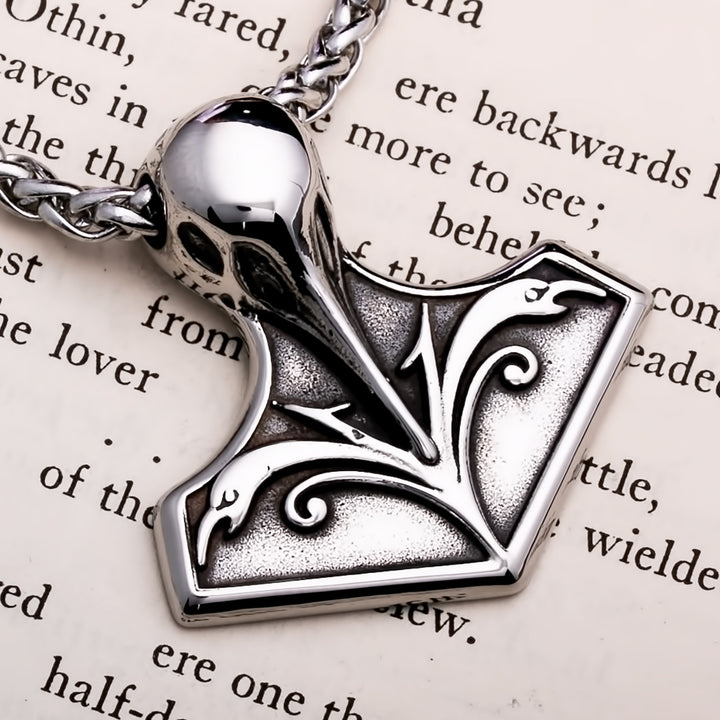 Viking Mjolnir Thor's Hammer Raven Skull Stainless Steel Pendant Necklace