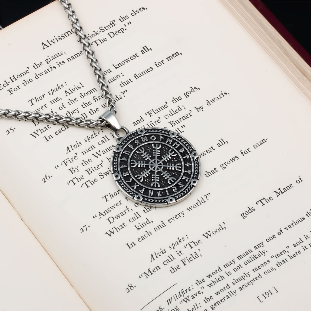 Helm of Awe Elder Futhark Rune Pendant Necklace 316L Stainless Steel Viking