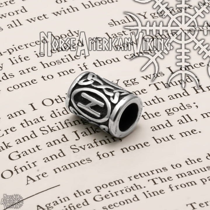 Viking Elder Futhark Hagalaz Rune Beard Hair Jewelry Bead 316L Stainless Steel