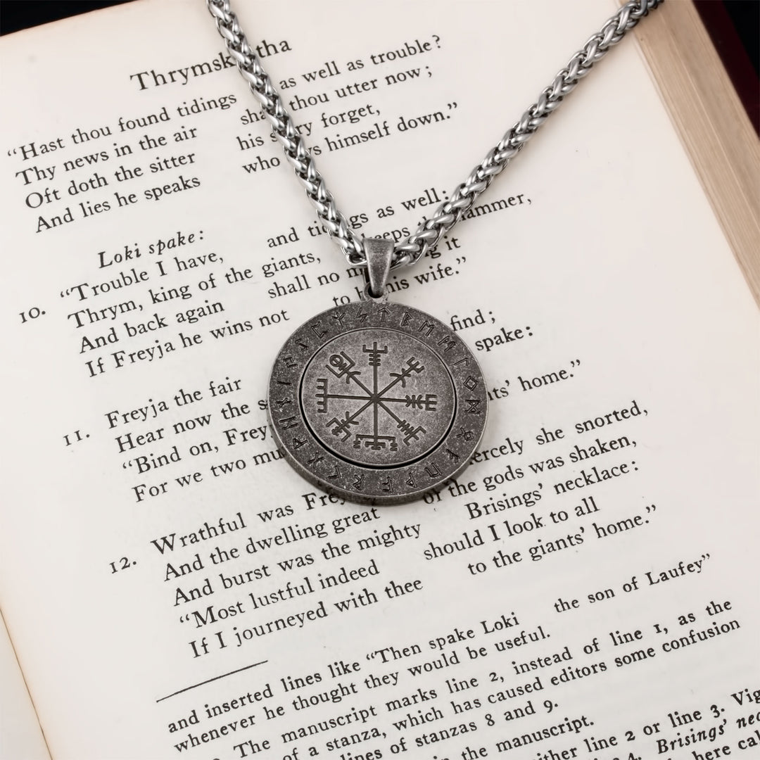 Vegvisir Elder Futhark Rune Spinner Pendant Necklace Stainless Steel Viking