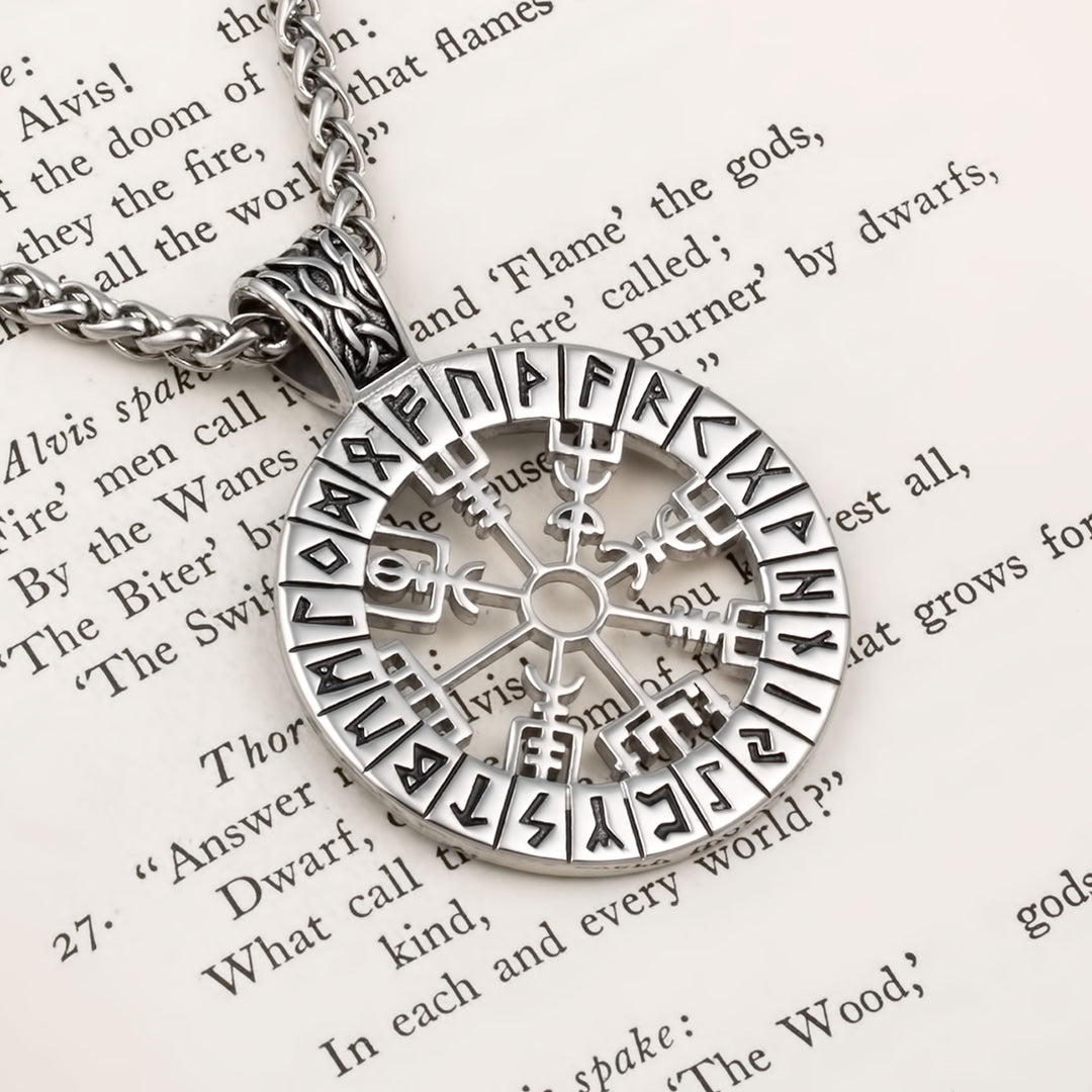 Vegvisir Compass Elder Futhark Rune Pendant Necklace Stainless Steel Viking