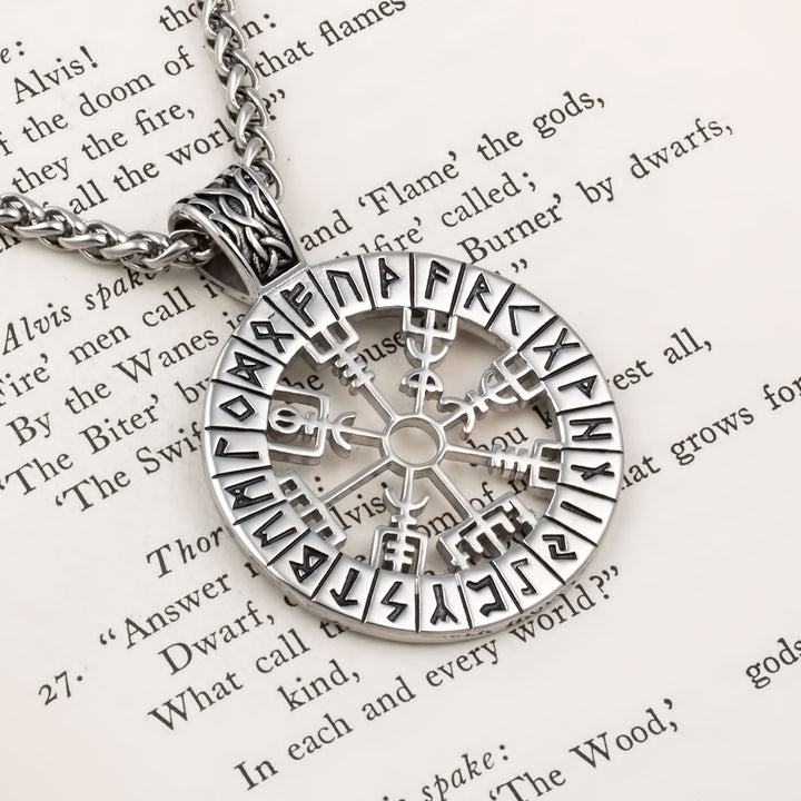 Vegvisir Compass Elder Futhark Rune Pendant Necklace Stainless Steel Viking