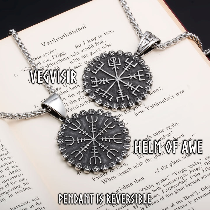 Viking Helm of Awe Vegvisir Rune Stainless Steel Pendant Necklace
