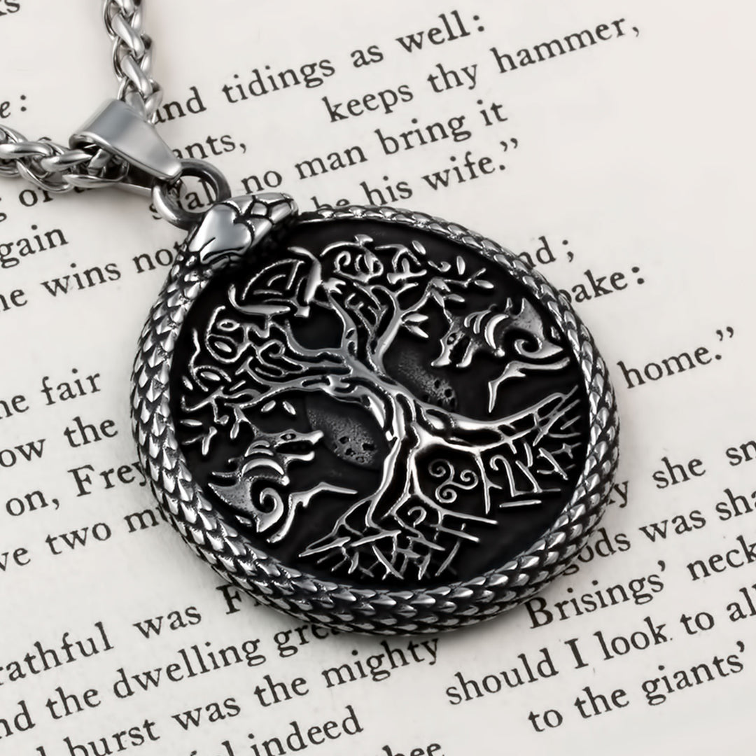 Yggdrasil World Ash Tree Wolf Pentagram Pendant Necklace Stainless Steel Viking