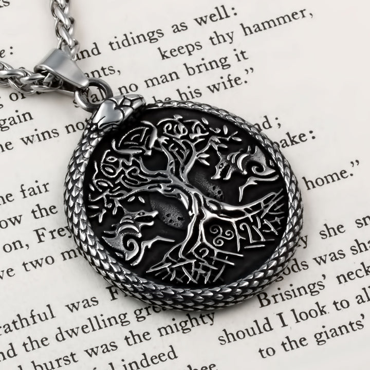 Yggdrasil World Ash Tree Wolf Pentagram Pendant Necklace Stainless Steel Viking