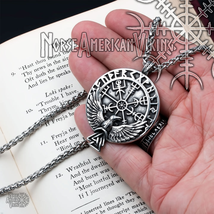 Viking Compass Vegvisir Rune Raven Valknut Stainless Steel Pendant Necklace