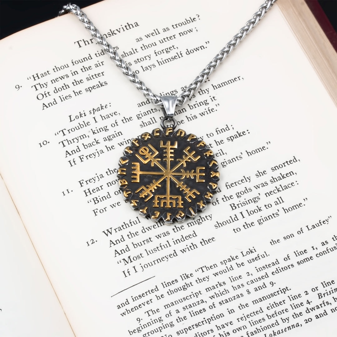 Helm of Awe Vegvisir Rune Pendant Necklace Stainless Steel Viking