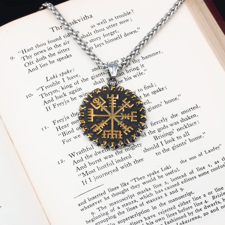 Helm of Awe Vegvisir Rune Pendant Necklace Stainless Steel Viking