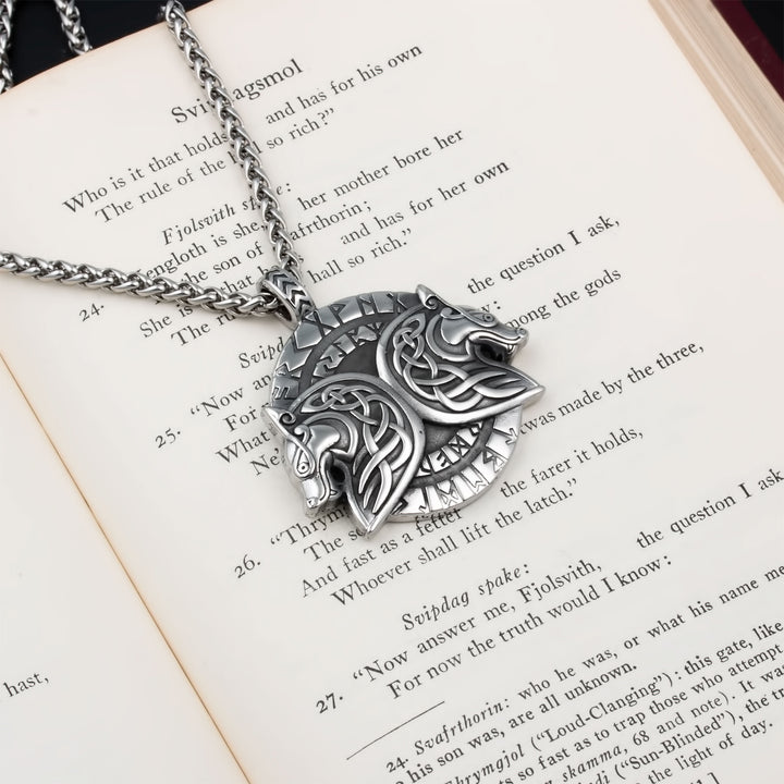 Geri and Freki Wolf Rune Pendant Necklace Stainless Steel Viking