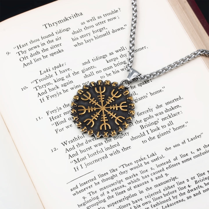 Helm of Awe Vegvisir Rune Pendant Necklace Stainless Steel Viking