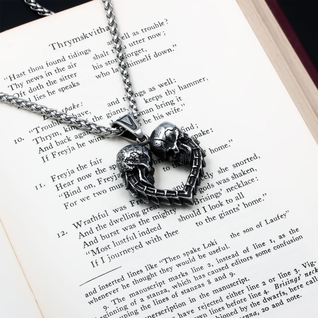 Skulls Heart Pendant Necklace Stainless Steel Viking