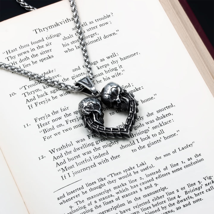 Skulls Heart Pendant Necklace Stainless Steel Viking