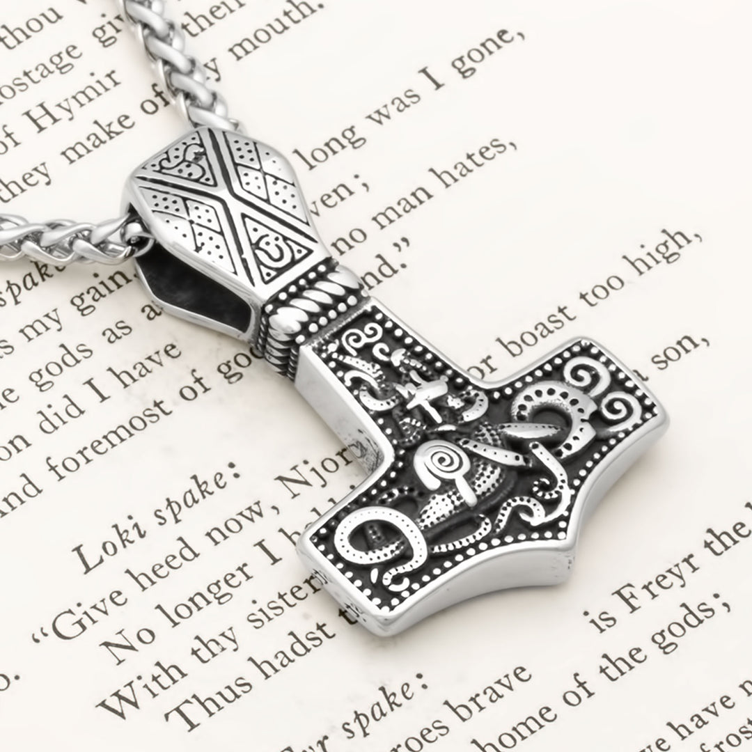 Mjolnir Thor's Hammer Jormungandr Pendant Necklace Stainless Steel Viking