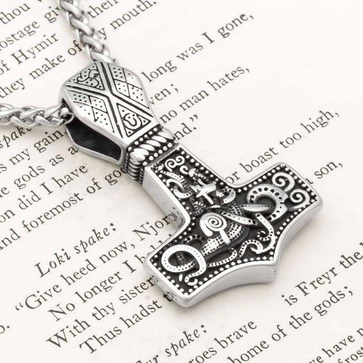 Mjolnir Thor's Hammer Jormungandr Pendant Necklace Stainless Steel Viking