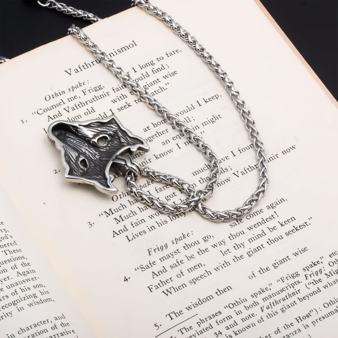 Fenrir Wolf Head Pendant Necklace Stainless Steel Viking