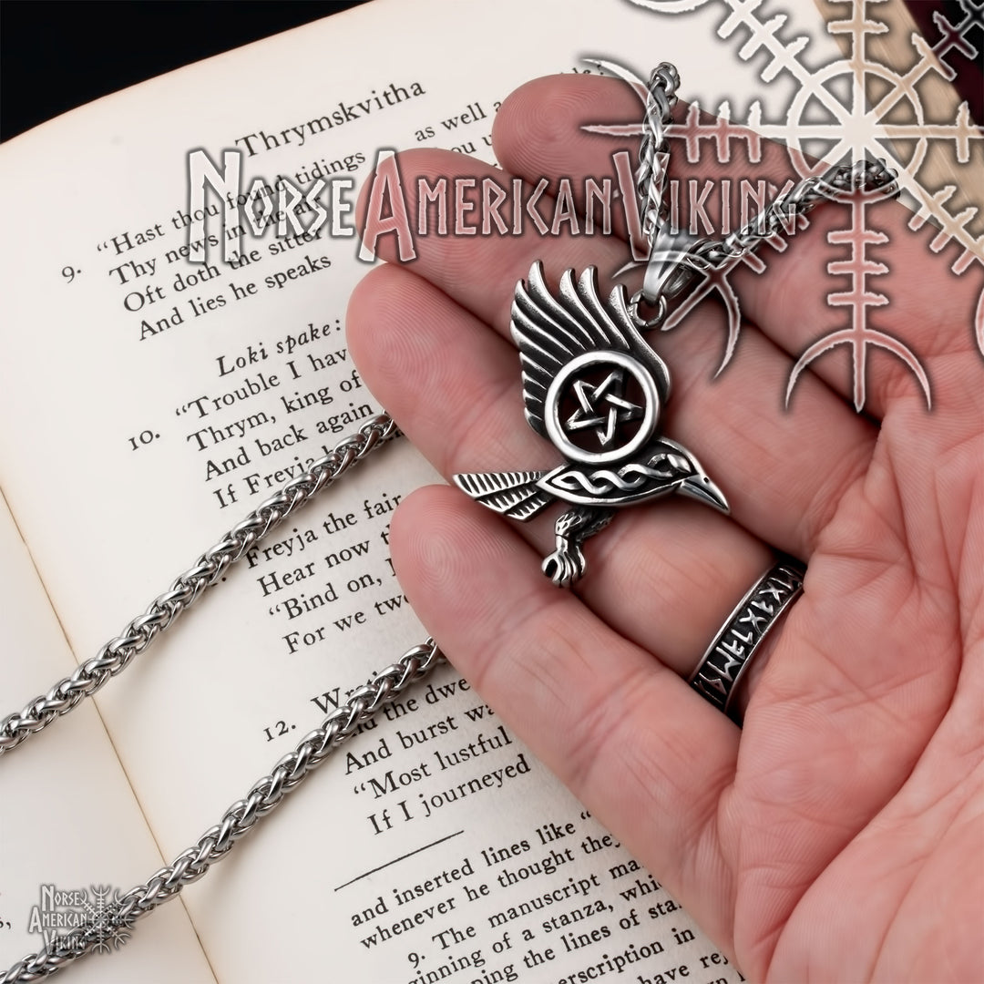 Viking Raven Pentagram Stainless Steel Pendant Necklace