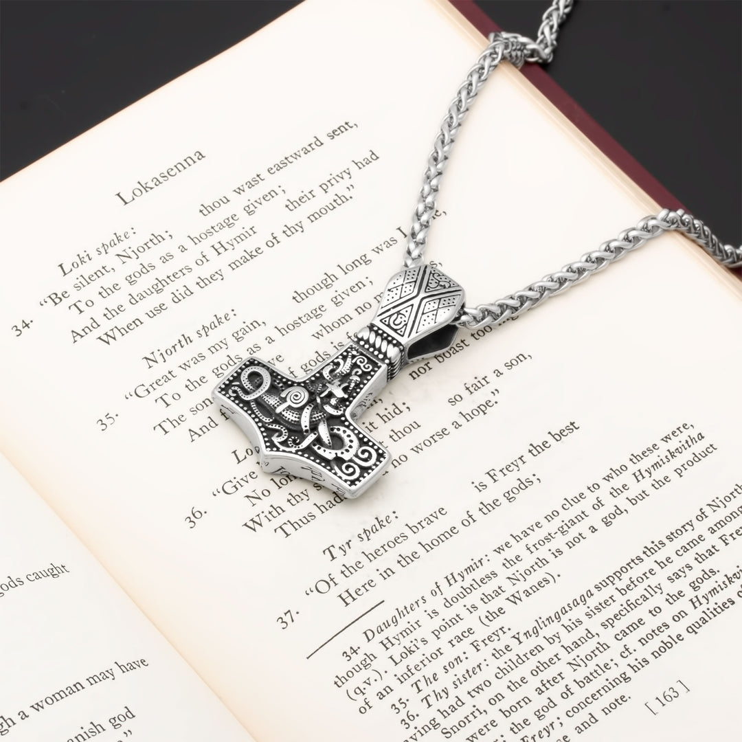 Mjolnir Thor's Hammer Jormungandr Pendant Necklace Stainless Steel Viking