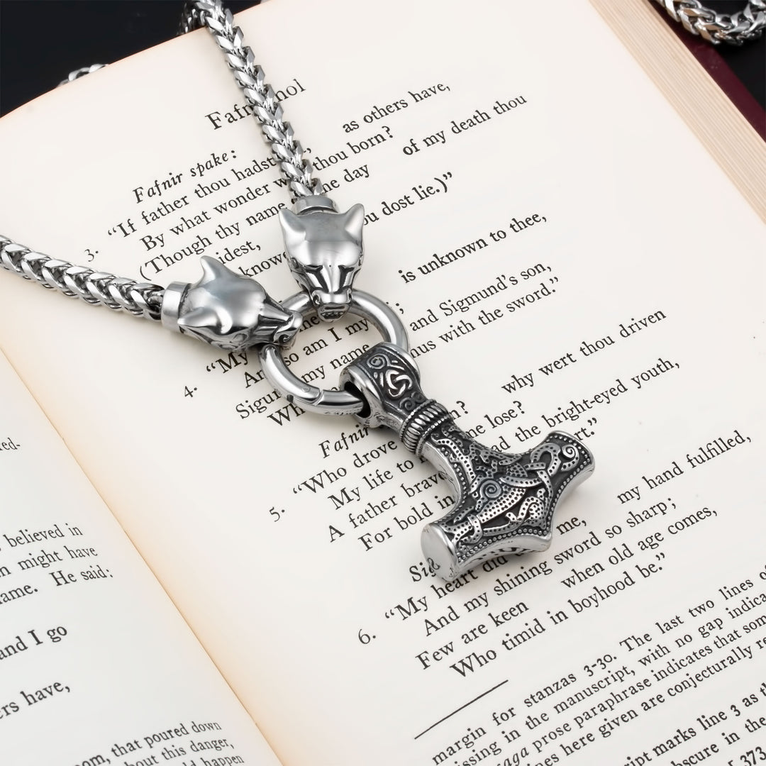 Mjolnir Thor's Hammer King Wolf Foxtail Necklace 316L Stainless Steel Viking