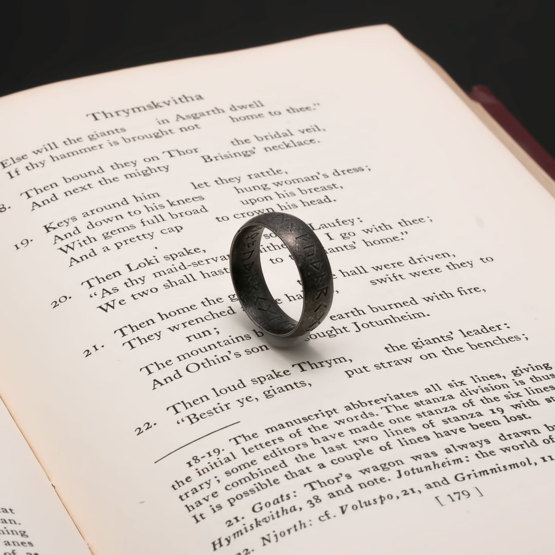 Viking Elder Futhark Rune Ring 7mm Band Ancient Dark 316L Stainless Steel