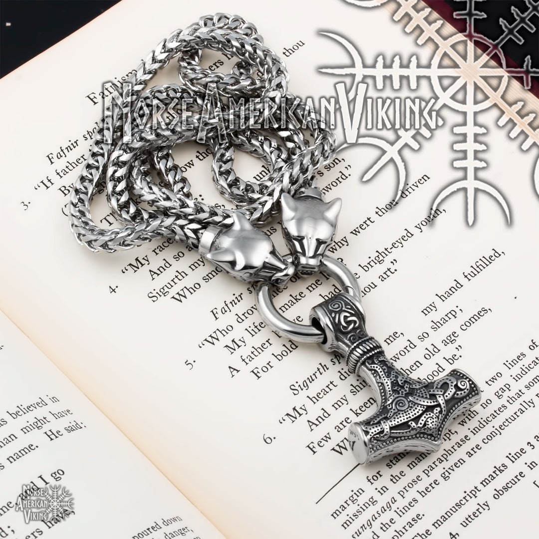 Viking Mjolnir Thor's Hammer King Wolf Foxtail Necklace 316L Stainless Steel