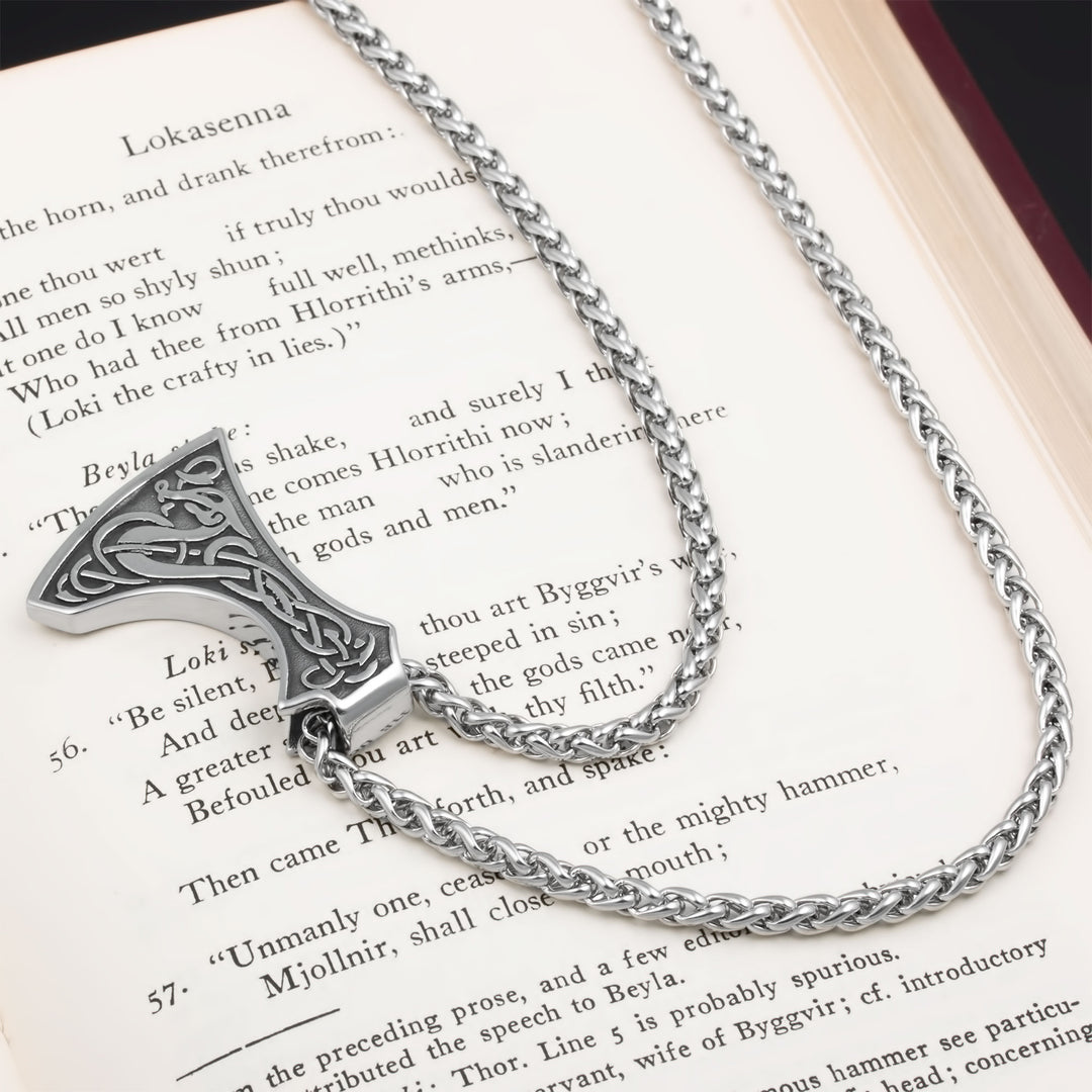 Axe Norse Dragon Pendant Necklace Stainless Steel Viking