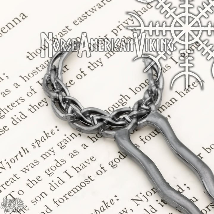 Plaited Crescent Moon Double Hair Stick Pewter Tone Zinc Alloy