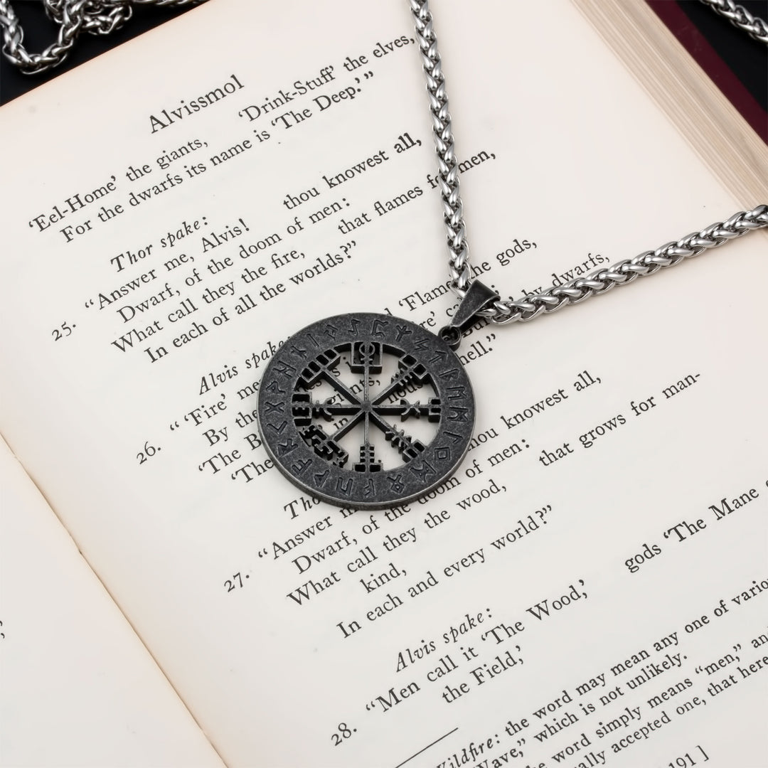 Vegvisir Elder Futhark Rune Compass Pendant Necklace Stainless Steel Viking