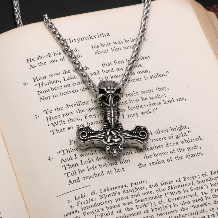 Viking Mjolnir Thor's Hammer Raven Skull Stainless Steel Pendant Necklace