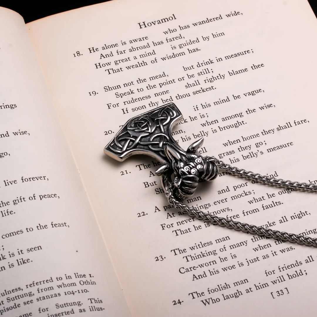 Viking Mjolnir Thor's Hammer Trinity Knot Goat Stainless Steel Pendant Necklace