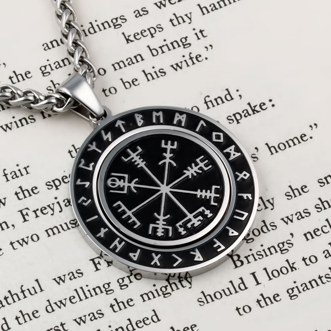 Vegvisir Elder Futhark Rune Spinner Pendant Necklace Stainless Steel Viking