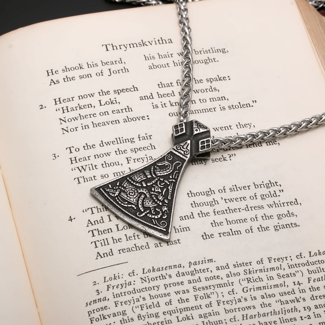 Viking Axe Ancient Norse Dragon Pendant Necklace