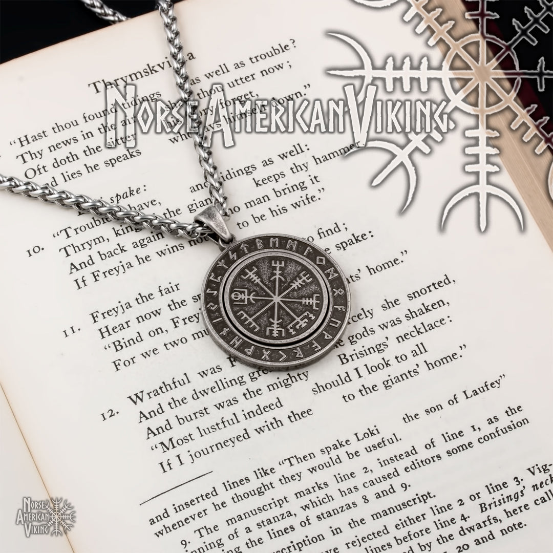 Viking Vegvisir Elder Futhark Rune Spinner Stainless Steel Pendant Necklace