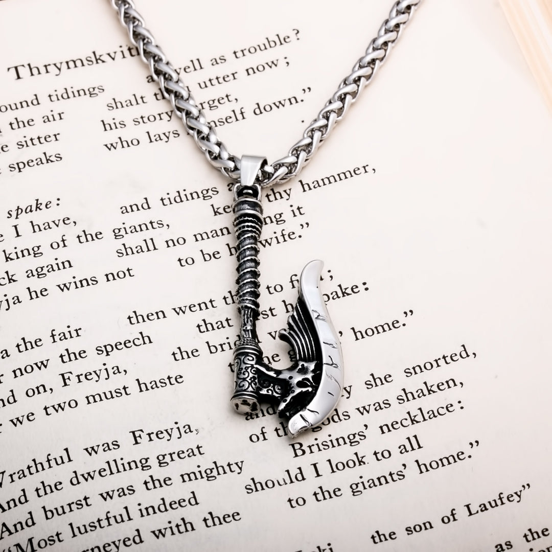 Axe Long Handle Cracked Viking Pendant Necklace 316L Stainless Steel - view 3