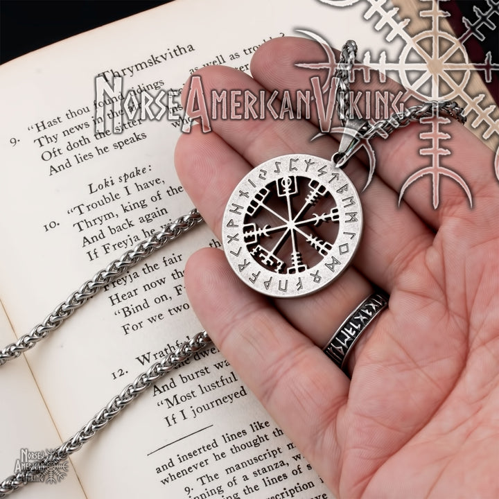 Viking Vegvisir Elder Futhark Rune Compass Stainless Steel Pendant Necklace