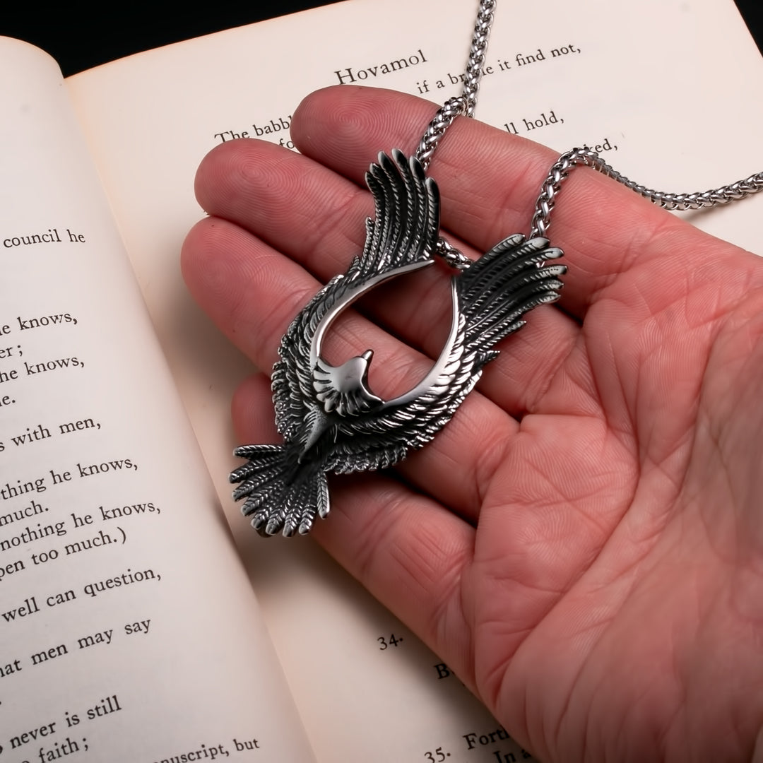 Viking Flying Raven Stainless Steel Pendant Necklace