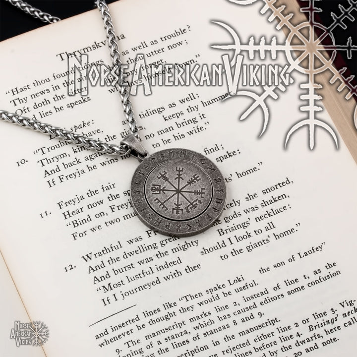 Viking Vegvisir Elder Futhark Rune Spinner Stainless Steel Pendant Necklace