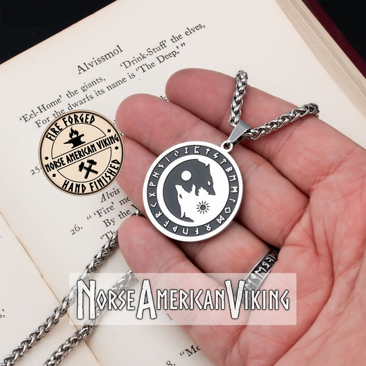 Viking Wolf Rune Sun and Moon Stainless Steel Pendant Necklace