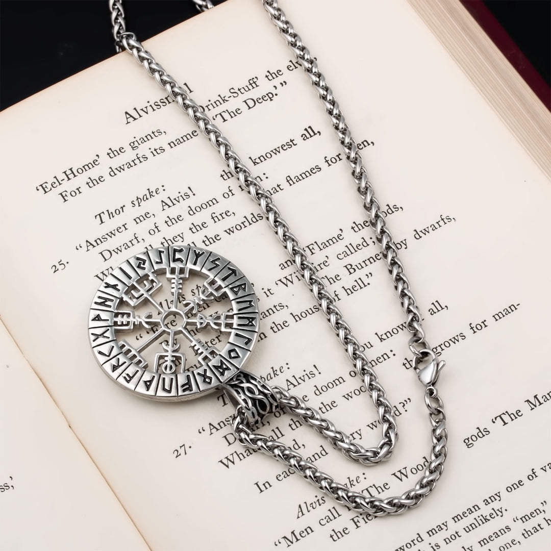 Vegvisir Compass Elder Futhark Rune Pendant Necklace Stainless Steel Viking