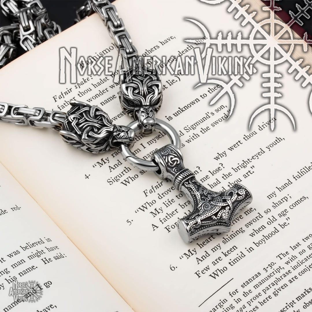 Viking Mjolnir Thor's Hammer King Wolf Byzantine Necklace 316L Stainless Steel