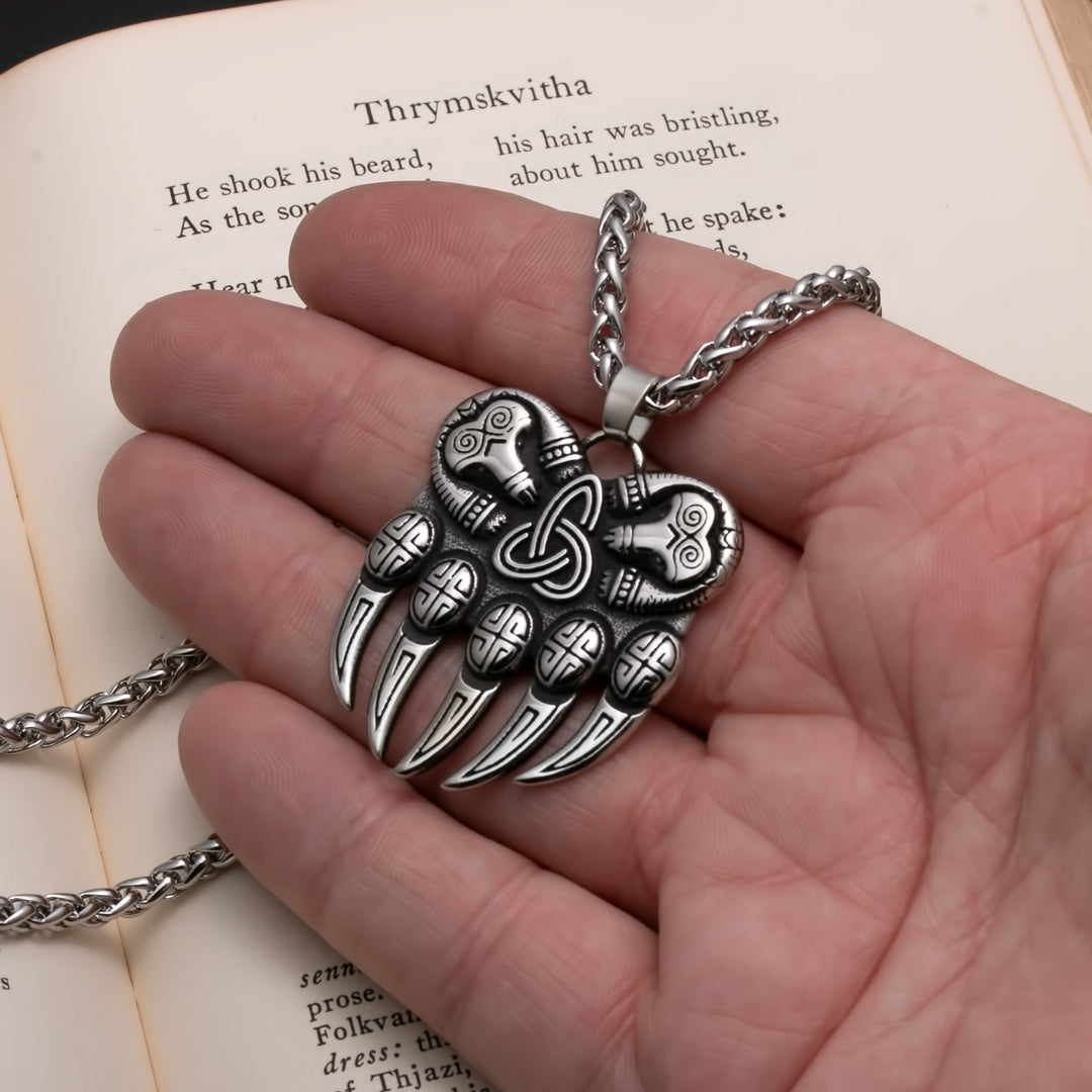 Viking Bear Paw Trinity Knot Berserker Stainless Steel Pendant Necklace