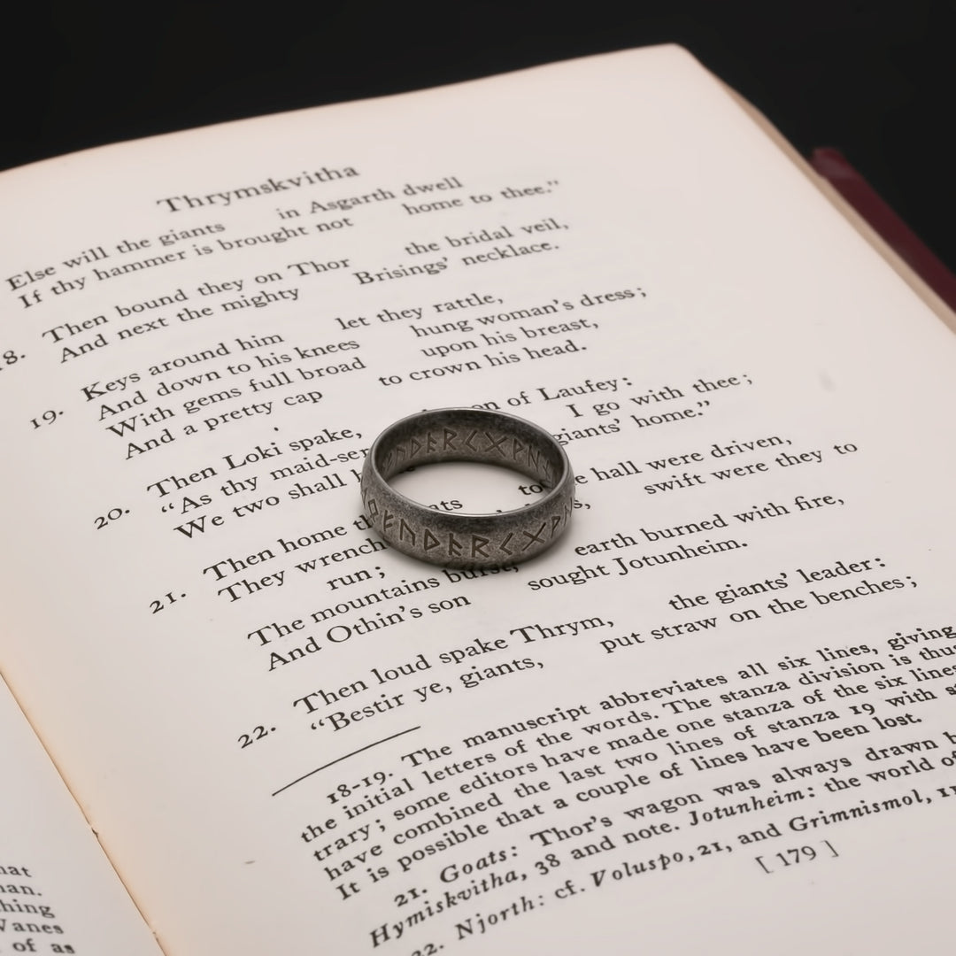 Viking Elder Futhark Rune Ring 7mm Band Ancient Grey 316L Stainless Steel