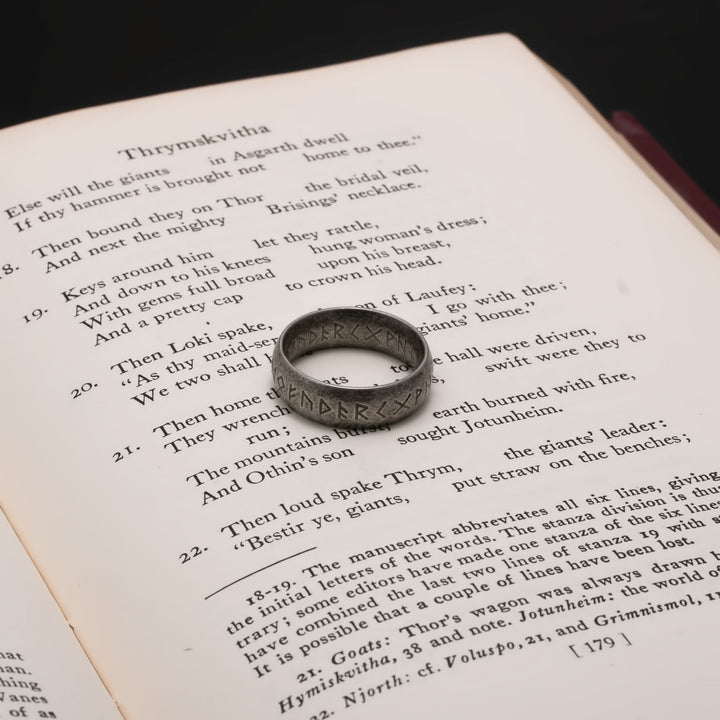 Viking Elder Futhark Rune Ring 7mm Band Ancient Grey 316L Stainless Steel