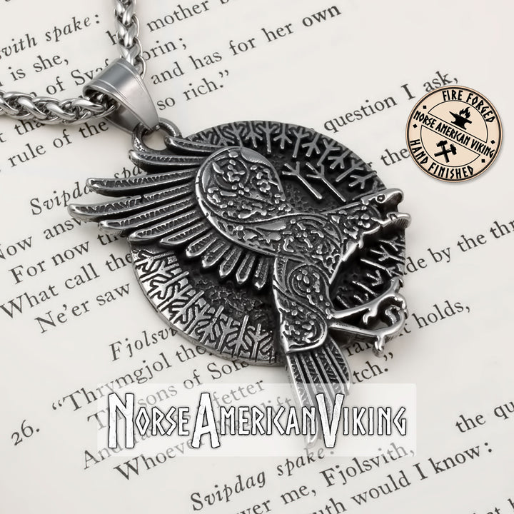 Viking Ravens Algiz Rune Stainless Steel Pendant Necklace