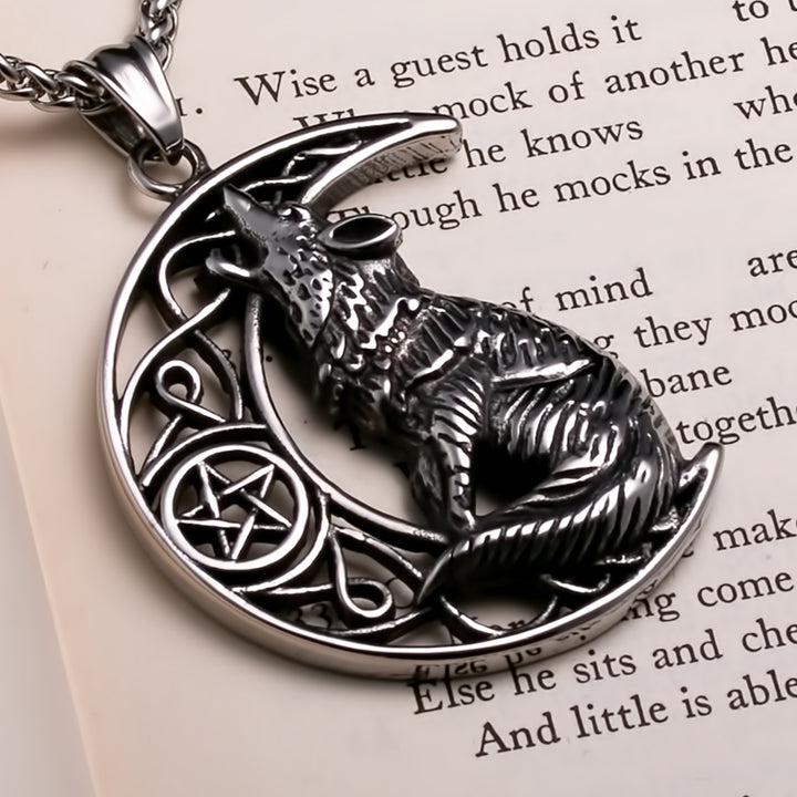 Viking Fenrir Wolf Crescent Moon Stainless Steel Pendant Necklace