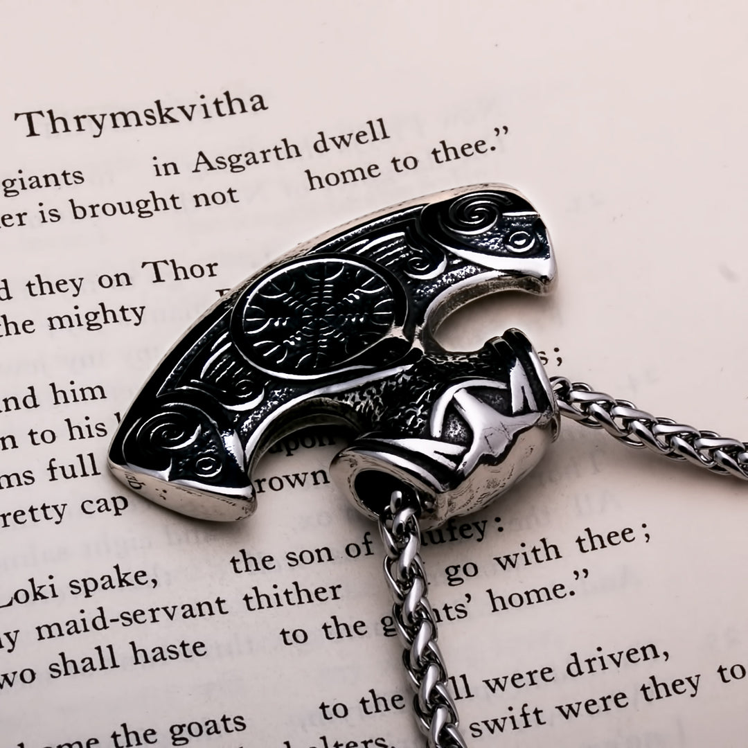 Helm of Awe Axe Pendant Necklace 316L Stainless Steel Norse Viking
