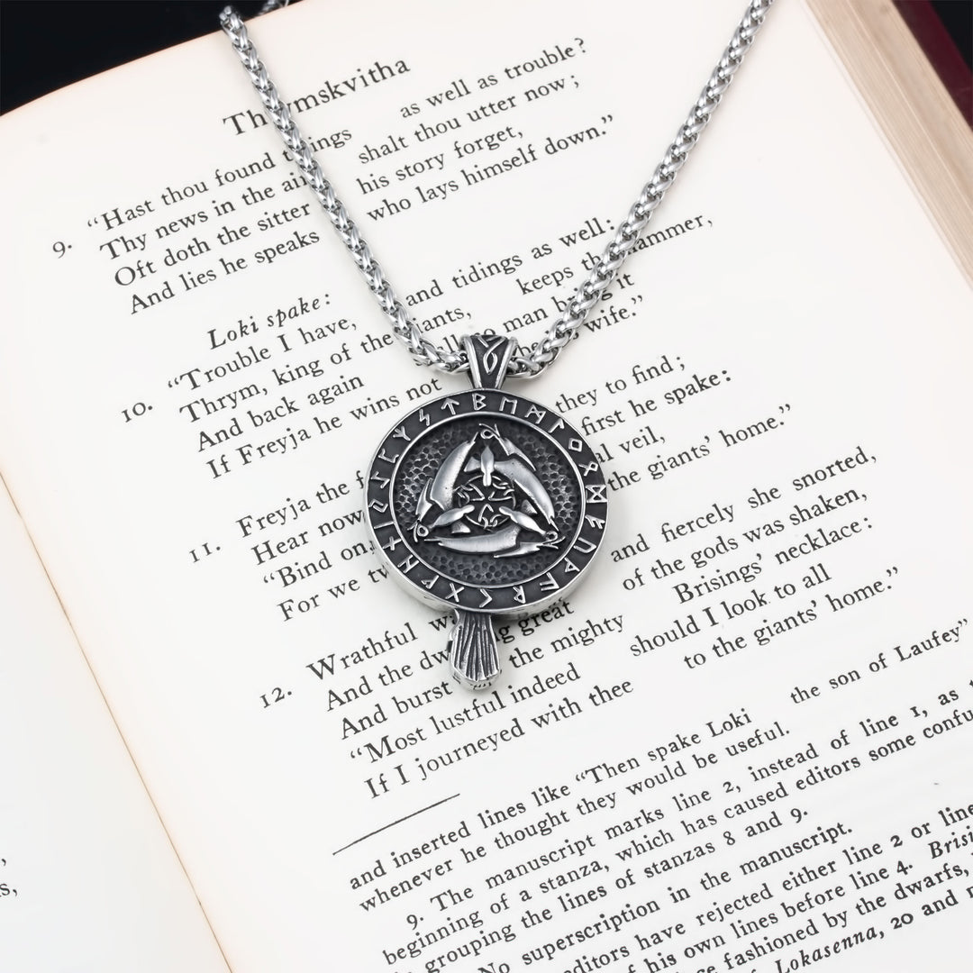 Raven Rune Trinity Pendant Necklace Stainless Steel Viking